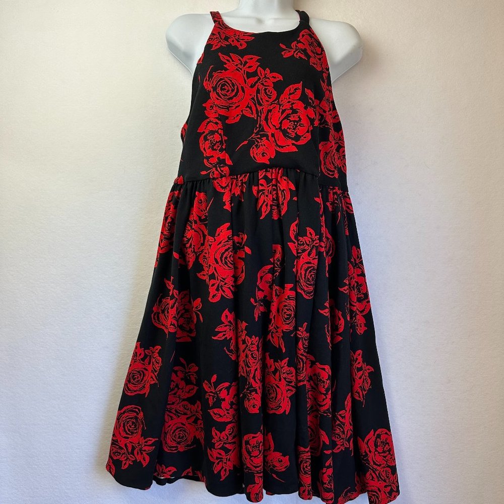 Torrid Dress women 10 Red Roses black Floral Ponte high neck skater dress